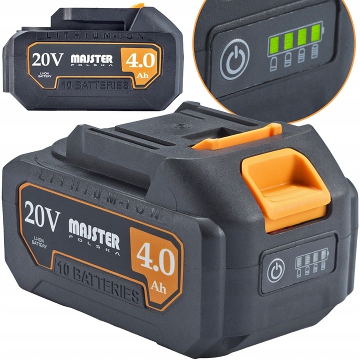 Dwa akumulatory litowo-jonowe o pojemnościach 4.0 Ah i 2.0 Ah i napięciu 20 V. Akumulatory w kolorze czarnym z pomarańczowymi akcentami z wskaźnikami naładowania.